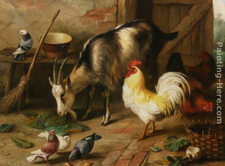 Edgar Hunt A Goat Chicken and Doves in a Stable